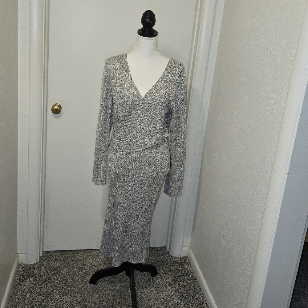 Lulus Size XL Maxi Length Long Sleeve Sweater Dress Dark Gray & White Rib Knit